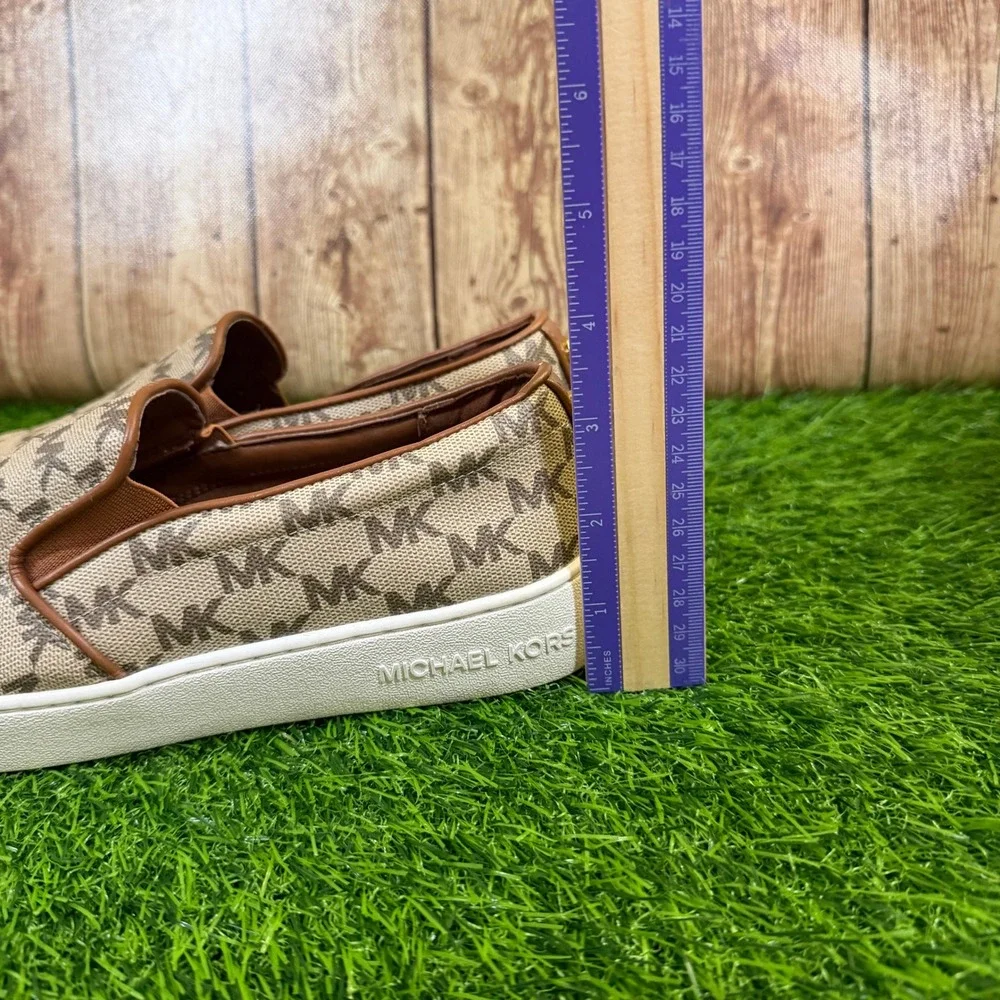 Michael Kors Keaton Slip On Sneakers Womens Size 8 Brown Logo Monogram Casual